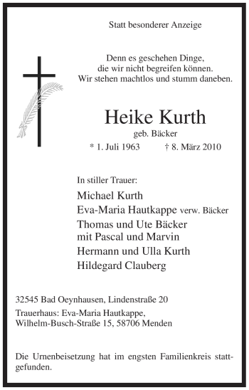 Traueranzeige von Heike Kurth von Tageszeitung