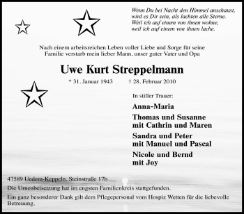 Traueranzeige von Uwe Kurt Streppelmann von Tageszeitung