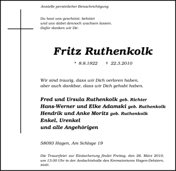 Traueranzeige von Fritz Ruthenkolk von Tageszeitung