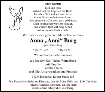 Traueranzeige von Anna Burg von Tageszeitung