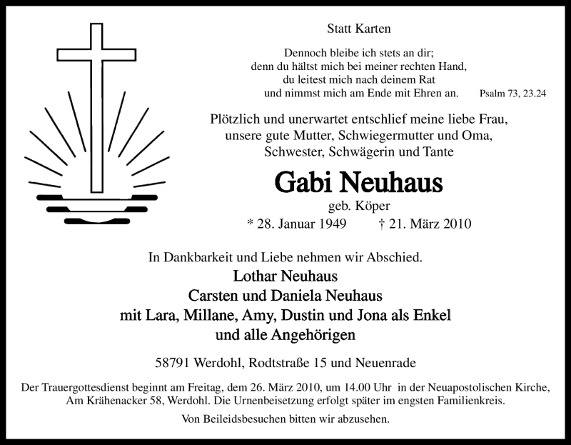 Traueranzeige für Gabi Neuhaus vom 24.03.2010 aus Tageszeitung