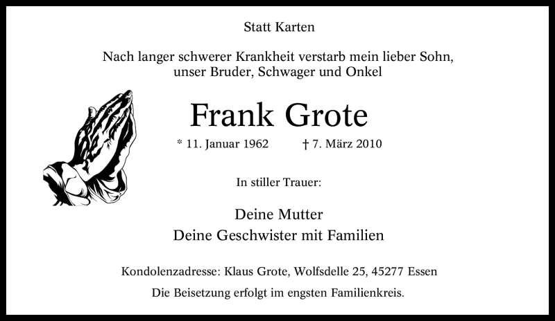  Traueranzeige für Frank Grote vom 13.03.2010 aus Tageszeitung