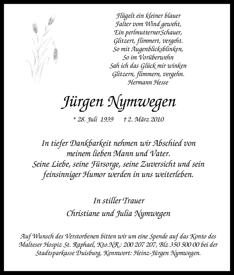  Traueranzeige für Jürgen Nymwegen vom 13.03.2010 aus Tageszeitung