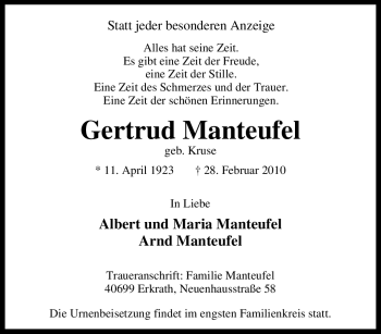 Traueranzeige von Gertrud Manteufel von Tageszeitung