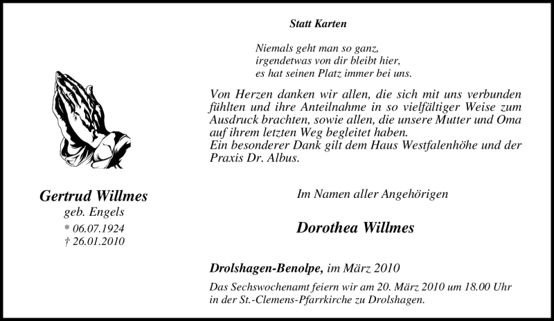  Traueranzeige für Gertrud Willmes vom 16.03.2010 aus Tageszeitung