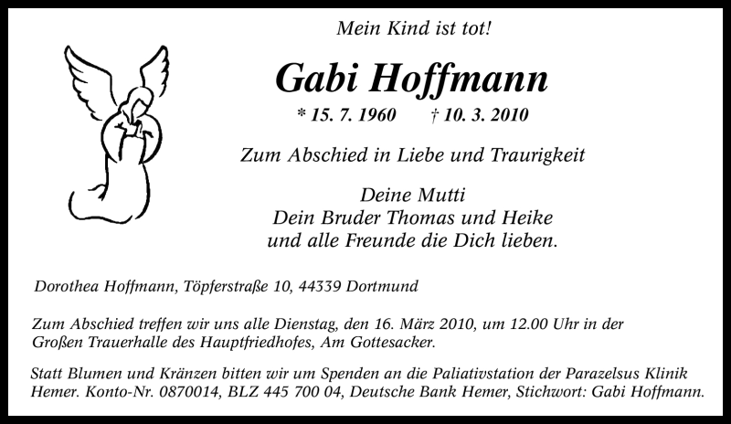  Traueranzeige für Gabi Hoffmann vom 13.03.2010 aus Tageszeitung