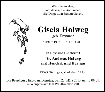 Traueranzeige von Gisela Holweg von Tageszeitung
