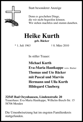 Traueranzeige von Heike Kurth von Tageszeitung