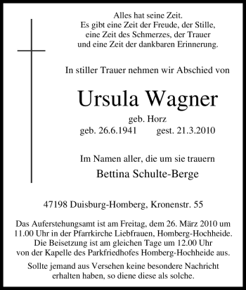 Traueranzeige von Ursula Wagner von Tageszeitung
