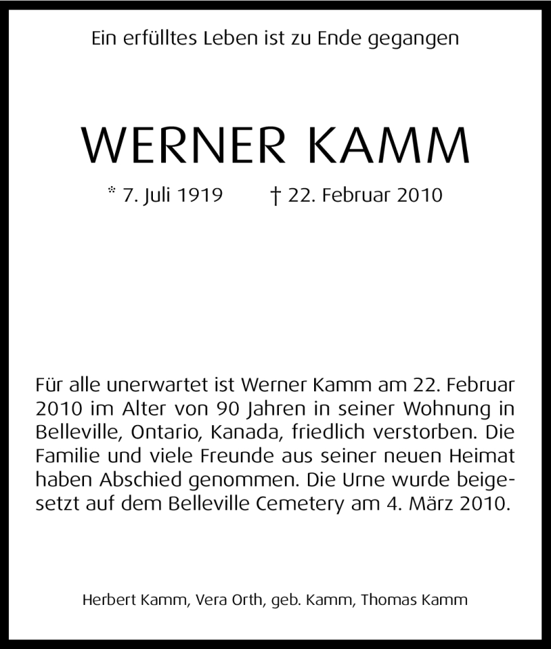  Traueranzeige für Werner Kamm vom 20.03.2010 aus Tageszeitung