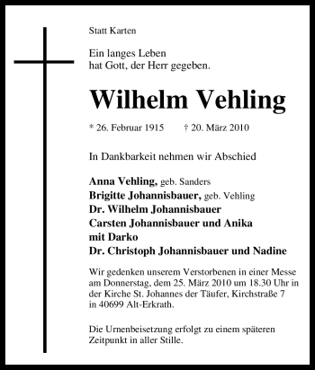 Traueranzeige von Wilhelm Vehling von Tageszeitung