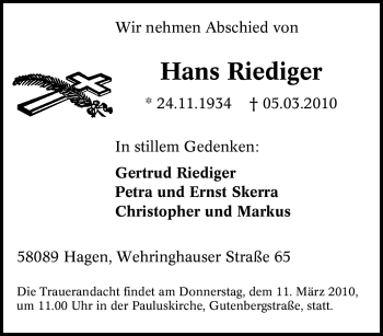 Traueranzeige von Hans Riediger von Tageszeitung