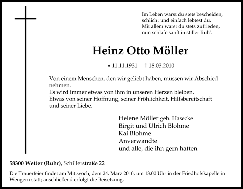  Traueranzeige für Heinz Otto Möller vom 22.03.2010 aus Tageszeitung