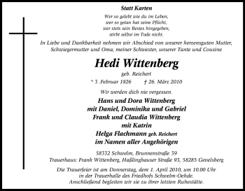Traueranzeige von Hedi Wittenberg von Tageszeitung