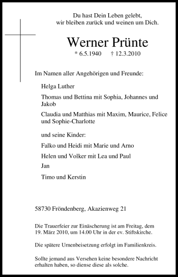 Traueranzeige von Werner Prünte von Tageszeitung