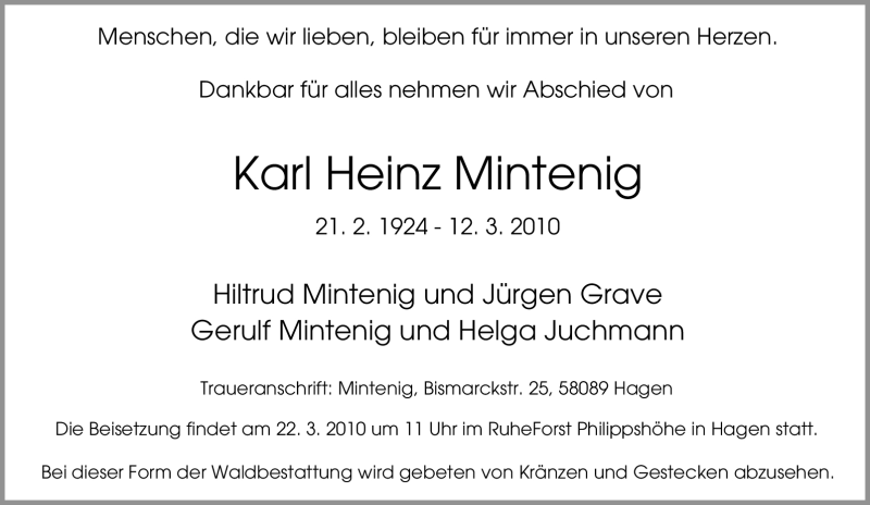  Traueranzeige für Karl Heinz Mintenig vom 20.03.2010 aus Tageszeitung