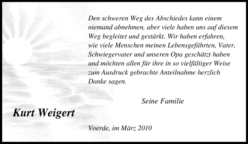 Traueranzeigen von Kurt Weigert TrauerinNRW.de