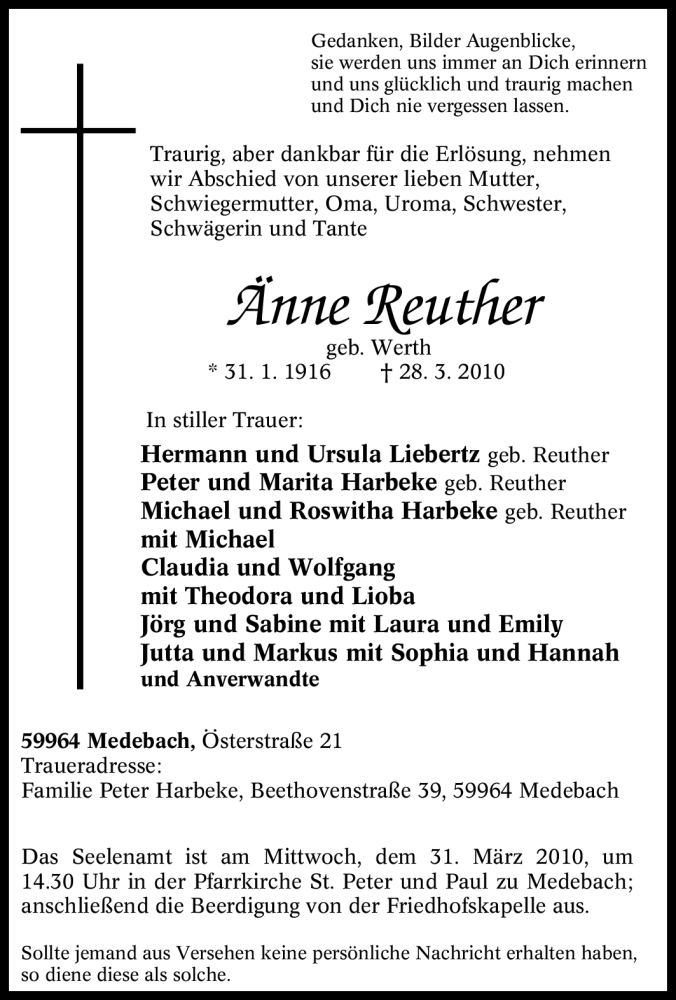  Traueranzeige für Änne Reuther vom 30.03.2010 aus Tageszeitung