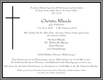 Traueranzeige von Christa Rhode von Tageszeitung