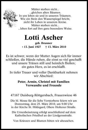 Traueranzeige von Lotti Ascher von Tageszeitung