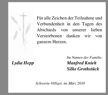 Traueranzeige von Lydia Hepp von Tageszeitung