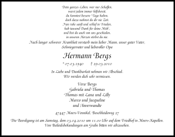 Traueranzeige von Hermann Bergs von Tageszeitung