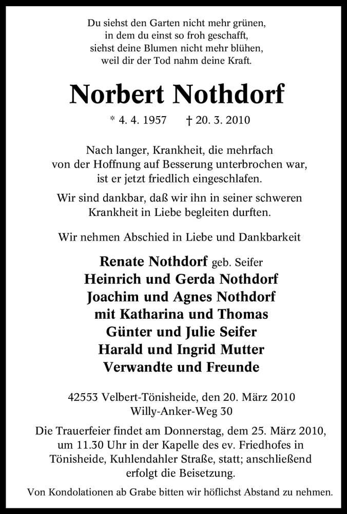  Traueranzeige für Norbert Nothdorf vom 23.03.2010 aus Tageszeitung