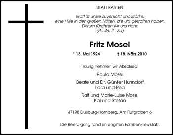 Traueranzeige von Fritz Mosel von Tageszeitung