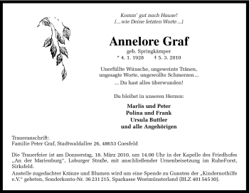 Traueranzeige von Annelore Graf von Tageszeitung