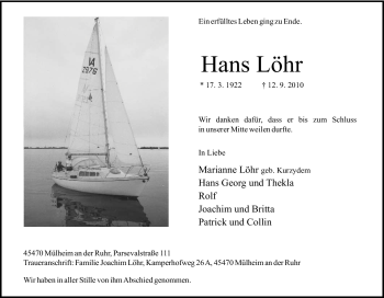 Traueranzeige von Hans Löhr von Tageszeitung