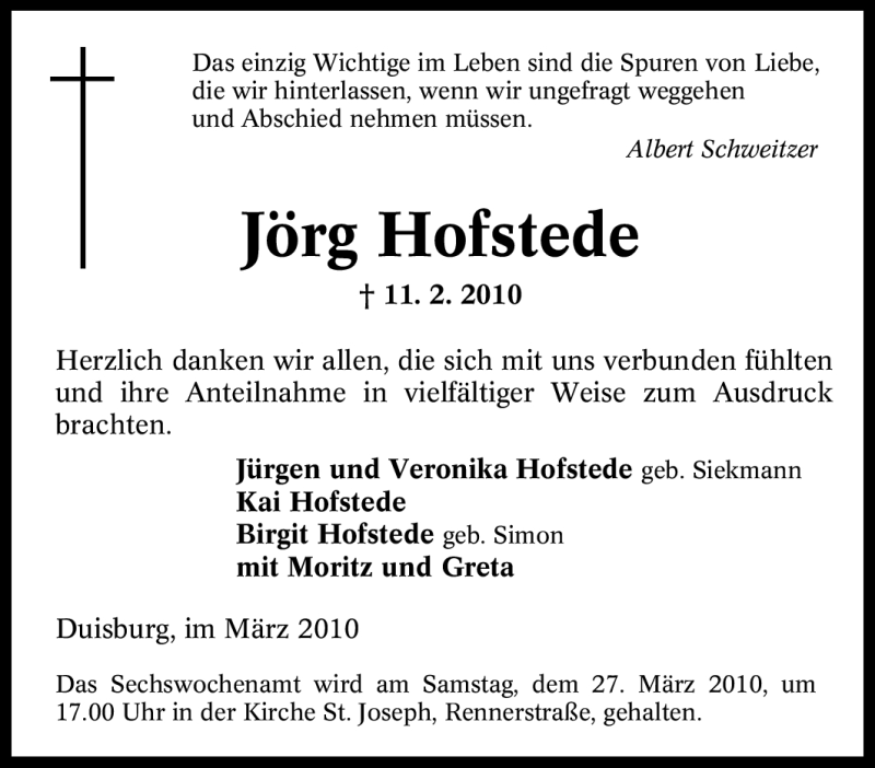  Traueranzeige für Jörg Hofstede vom 20.03.2010 aus Tageszeitung