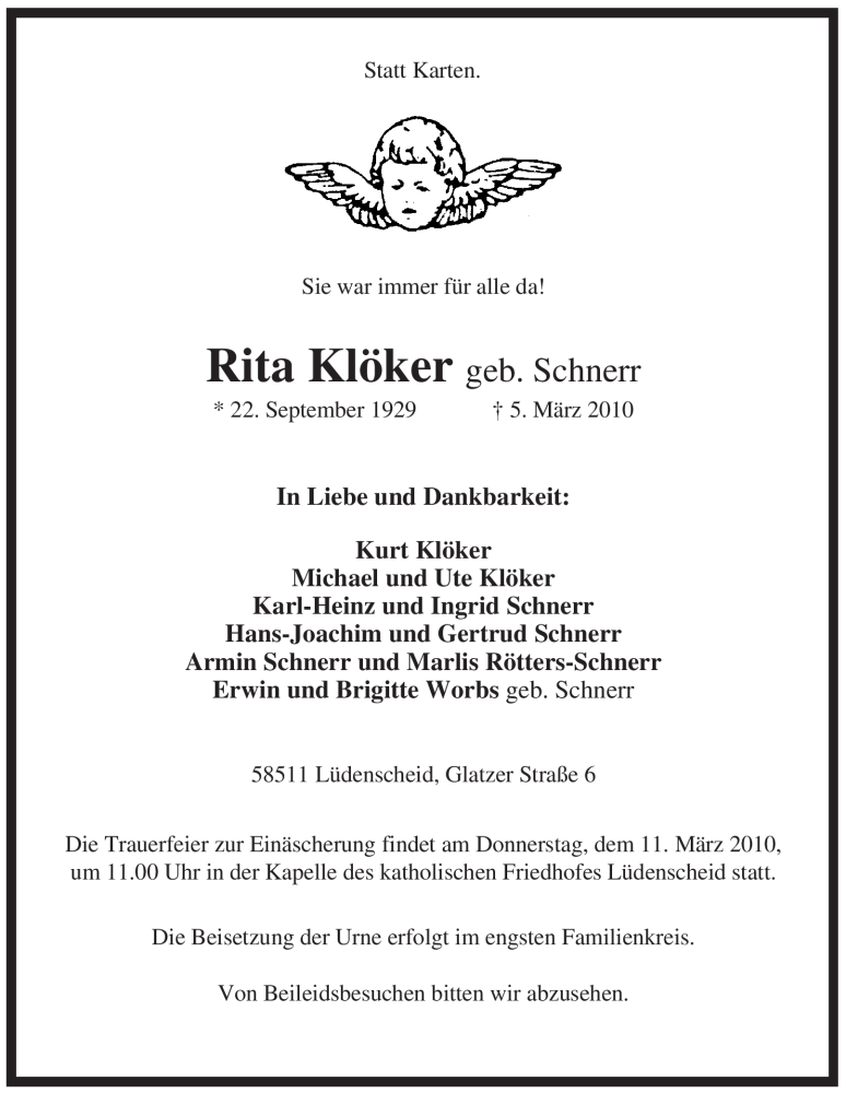  Traueranzeige für Rita Klöker vom 09.03.2010 aus Tageszeitung