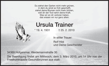 Traueranzeige von Ursula Trainer von Tageszeitung