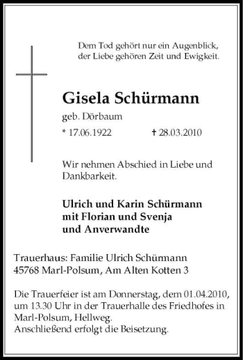 Traueranzeige von Gisela Schürmann von Tageszeitung