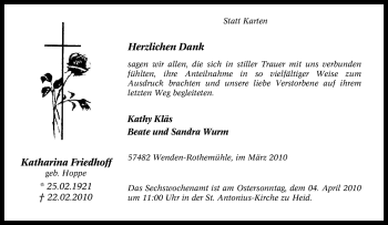 Traueranzeige von Katharina Friedhoff von Tageszeitung