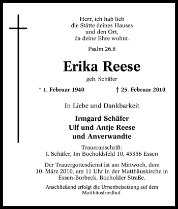 Traueranzeige von Erika Reese von Tageszeitung