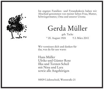 Traueranzeige von Gerda Müller von Tageszeitung
