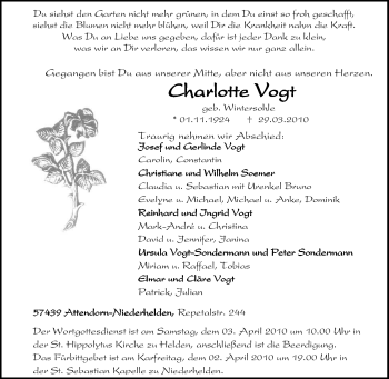 Traueranzeige von Charlotte Vogt von Tageszeitung