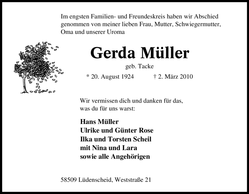  Traueranzeige für Gerda Müller vom 09.03.2010 aus Tageszeitung