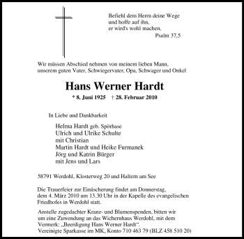 Traueranzeige von Hans Werner Hardt von Tageszeitung