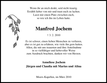 Traueranzeige von Manfred Jochem von Tageszeitung