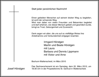 Traueranzeige von Josef Hörstgen von Tageszeitung