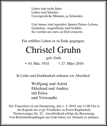Traueranzeige von Christel Gruhn von Tageszeitung