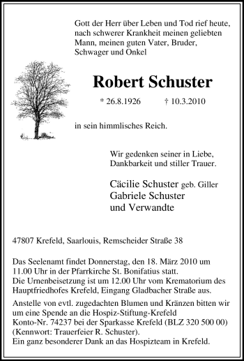 Traueranzeige von Robert Schuster von Tageszeitung