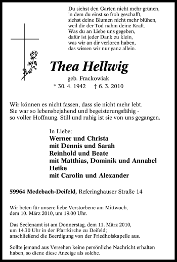 Traueranzeige von Thea Hellwig von Tageszeitung