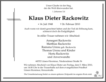 Traueranzeige von Klaus Dieter Rackowitz von Tageszeitung