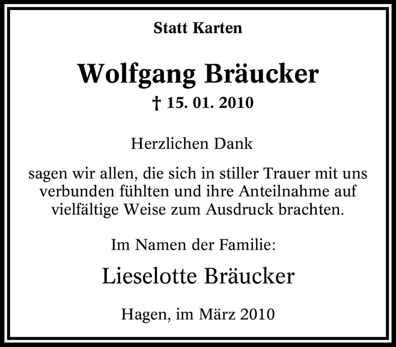 Traueranzeigen von Wolfgang Bräucker TrauerinNRW.de