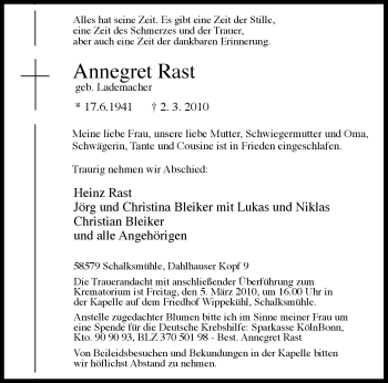 Traueranzeige von Annegret Rast von Tageszeitung