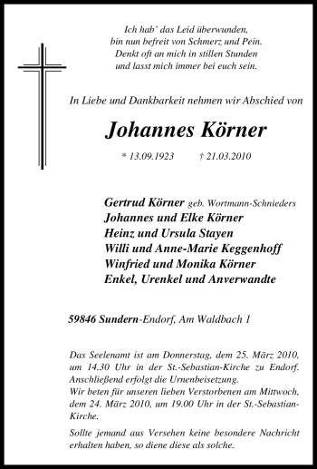 Traueranzeige von Johannes Körner von Tageszeitung