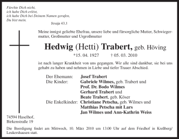 Traueranzeige von Hedwig Trabert von Tageszeitung